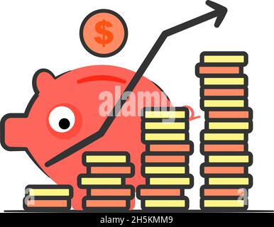 Sparschwein mit Haufen Münzen. Sparkonzept, Banking, Kreditkonzept. Flache Illustration. Isoliert auf weißem Hintergrund. Stock Vektor