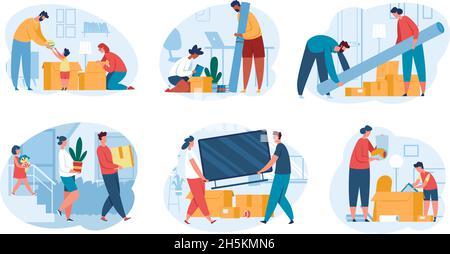 Menschen ziehen in ein neues Haus, Familie Auspacken Boxen. Charaktere tragen Dinge, Verpackung Möbel für den Umzug, zu Hause Verlagerung Vektor-Set. Innen voller Kartons mit Haushaltsgegenstand Stock Vektor