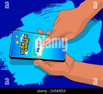 Hand nimmt das Handy auf und mit der anderen Hand spielt Rubbelkarten auf dem Bildschirm. Idee für Online-Glücksspiel-Promotion. Blauer Kratzer-Effekt hinten Stock Vektor