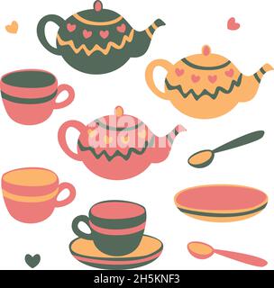 Vektor-Illustration mit Sammlung von Geschirr für Teetrinken. Isoliert auf weißem Hintergrund. Stock Vektor
