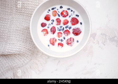 Nahaufnahme von Erdbeeren und Heidelbeeren, die in Milch in einer cremigen Steinzeug-Schüssel auf einem tonigen strukturierten Hintergrund schwimmen Stockfoto