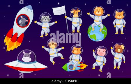 Cartoon niedliche Astronaut Tiere in Raumanzüge fliegen im Raum. Lustige Tierfiguren in Rakete oder Raumschiff, Löwe, Fuchs Astronauten Vektor-Set. Galaxie und Planeten in Rakete entdecken Stock Vektor