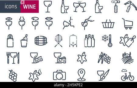 Stellen Sie Symbole des Weins ein. Icons Flaschen und Weingläser, Shop, Verkostung, Essen, Keller, Weinberge, Weintourismus und Aktivitäten. Symbole für Weinproben. vektor krank Stock Vektor