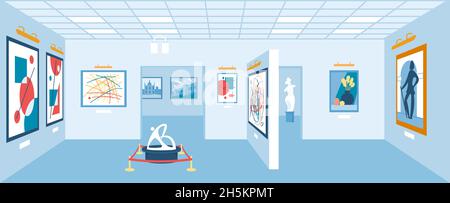 Leeres Interieur der Kunstgalerie, moderner Ausstellungsraum des Museums. Abstrakte Gemälde, Skulpturen oder Exponate in Museen Halle Vektor Illustration. Studio mit Schaustücken und Kunstwerken an den Wänden Stock Vektor