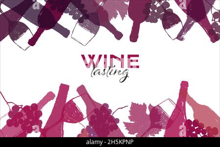 Hintergrund-Illustration für Weindesigns. Handgefertigtes Zeichnen von Weingläsern und Flaschen. Farbe des roten und rosafarben Weins. Hintergrund für Webbanner, Backdrops Stock Vektor