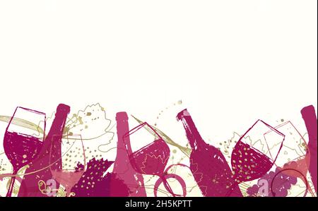 Elegantes Design mit Weinhintergrund. Breites Banner mit Illustration von Weinflaschen und Gläsern und goldenen Details. Eleganter Hintergrund für die Förderung von Teil Stock Vektor