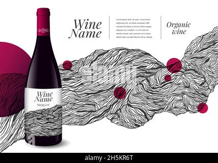 Hintergrund-Illustration mit Traubenstumpf Linien. Silhouette mit Weinanbau. Zeichnung für Weinetiketten, Kataloggestaltung, Hintergrund Web-Banner, Menüs, Brochu Stock Vektor