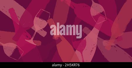 Hintergrund-Illustration für Weindesigns. Handgefertigtes Zeichnen von Weingläsern und Flaschen. Farbe des roten und rosafarben Weins. Hintergrund für Webbanner, Backdrops Stock Vektor