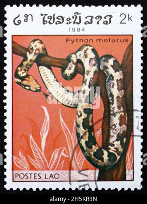 LAOS - UM 1984: Eine in Laos gedruckte Marke zeigt die indische Python, Python molurus, eine große, nicht giftige Schlange, die in tropischen und subtropischen Regionen beheimatet ist Stockfoto