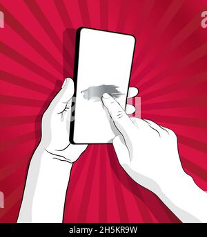 Hand nimmt das Handy auf und mit der anderen Hand spielt Rubbelkarten auf dem Bildschirm. Idee für Online-Glücksspiel-Promotion. Roter Hintergrund. Vector und Stock Vektor