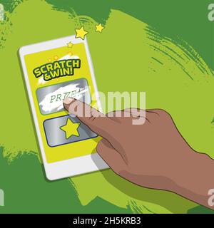 Hand nimmt das Handy auf und mit der anderen Hand spielt Rubbelkarten auf dem Bildschirm. Idee für Online-Glücksspiel-Promotion. Blauer Kratzer-Effekt hinten Stock Vektor