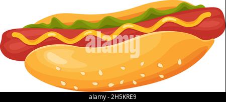 Hot Dog mit Ketchup und Senfsoße. Vector Hot Dog mit Wurst und Sauce Senf, Fast Food mit Ketchup Illustration Design Stock Vektor