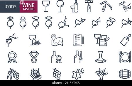 Wein-Icon-Set. Symbole für professionelle Weinverkostung, Genuss, Aussehen, Geruch, Rühren. Weinindustrie-Ikonen. Weingläser und Flaschen. Vektorillust Stock Vektor