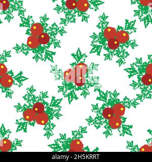 Elegantes weihnachtliches, nahtloses Vektor-Muster mit Stechpalme und Beeren. Festlicher Hintergrund mit traditionellen rot-grünen Motiven im Scribble-Zeichnungsstil auf Weiß Stock Vektor