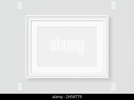 Weißer Bilderrahmen, leerer horizontaler Bilderrahmen. Realistische leere Posterrand, Galerie Malerei Rahmen hängen an Wand Vektor Mockup. Inneneinrichtung für Zuhause, Büro oder Ausstellung Stock Vektor