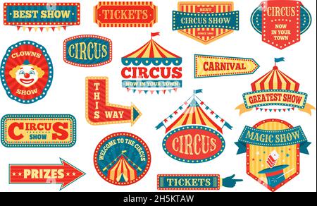 Zirkusschilder, Karnevalsschilder und -Abzeichen, Kirmes-Schilder. Vintage Magic Show Schild, Vergnügungspark oder Festival Event Embleme Vektor-Set. Karneval, Preise und Tickets Zeiger, Festival-Anzeige Stock Vektor