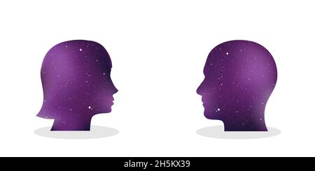 Frauen- und Männerporträt im Profil. Konzept von Diskussion, Dialog, Argument, Gespräch, Debatte. Universe-Textur. Vektorgrafik Stock Vektor