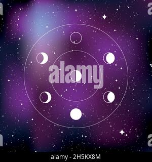 Mondphasen. Hintergrund des Sternenuniversums. Konzept von Galaxie, Raum, Kosmos. Vektorgrafik Stock Vektor