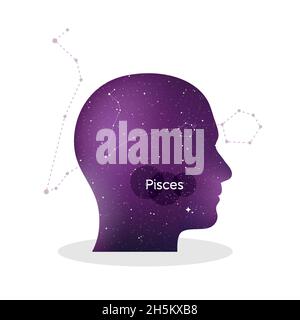 Fische Tierkreiszeichen. Mann Porträt im Profil. Horoskop-Symbol, lineare Konstellation. Struktur des Sternenuniversums. Vektorgrafik Stock Vektor