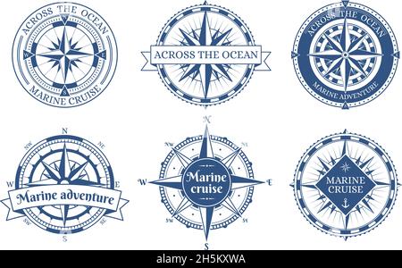 Vintage Rose Wind nautischen Kompass marine Etiketten. Alte antike Marine Navigation Kompass Embleme Vektor Illustration Set. Seewind-Rosenkompasse Stock Vektor