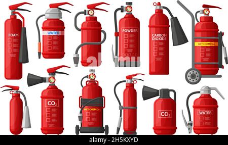Feuerlöscher, Brandbekämpfung, Brandschutz, Ausrüstung für Feuerlöscher. Vektor-Illustration-Set für Flammenbekämpfung-Sicherheitsausrüstung Stock Vektor