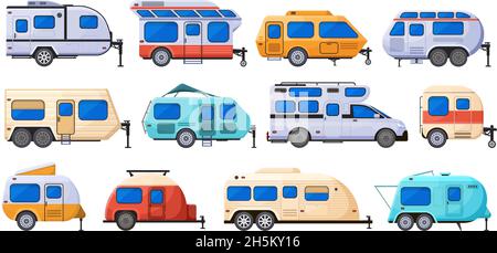 Wohnmobil Wohnwagen, Wohnmobile, Wohnwagen und Wohnwagen. Wohnmobil-LKW, Outdoor-Camping Anhänger Vektor flache Illustration Set. Roadtrip Stock Vektor
