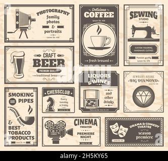 Vintage alte Zeitungsseite Werbung Retro-Banner. Retro Zeitungsläden und Dienstleistungen Anzeigen Vorlagen Vektor Illustration Set. Altes Druckmaschinenpapier Stock Vektor