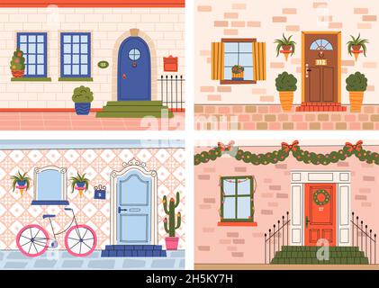 Vordere Holztüren, Hauseingänge Poster. Haus außen mit Wohnung Eingänge, Laternen, Topfpflanzen Vektor-Illustration-Set Stock Vektor