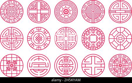 Chinesische orientalische dekorative Ornament rund festliche Rahmen. Traditionelle orientalische runde Elemente Vektor Illustration Set. Asiatischer Zierrahmen Stock Vektor