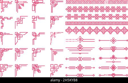 Traditionelle chinesische orientalische dekorative Bordüren und Trennelemente. Asiatische festliche Ornament Ecken und Grenzen Vektor Illustration Set Stock Vektor