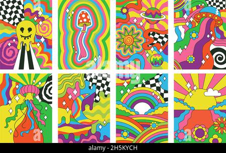 Hippie-Stil, groovige Vibes retro psychedelische Kunstposter. Abstrakt 70er Jahre Regenbogen, Sonne, Blumen Hipster Abdeckungen Vektor Illustration Set. Psychedelisch Stock Vektor