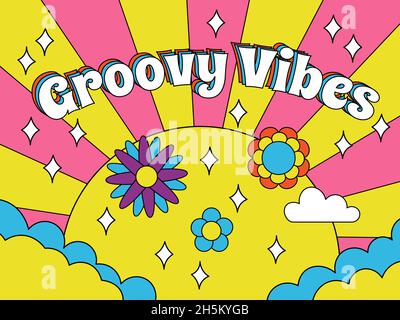 Groovige Retro-Vibes, psychedelisches 70er Hipster-Poster. Hippie-Stil, abstrakte Regenbogen Sonne und Blumen Hipster Vektor Hintergrund Illustration. Retro Stock Vektor