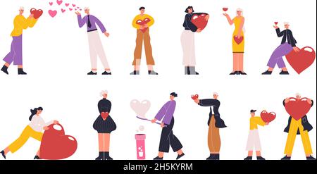 Menschen teilen Liebe, Spenden, Pflege, Valentinstag Konzept. Figuren, die Herzen tragen, Liebesmassagen oder philanthropische Vektor-Illustration. Menschen Stock Vektor