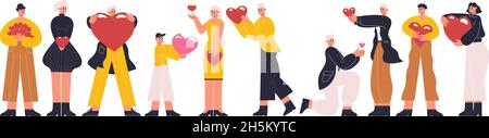 Menschen mit Herzen, Charaktere teilen Liebe, Spenden oder Valentinstag. Glückliche Charaktere tragen und teilen Herzen Vektor-Illustration. Frau und Stock Vektor