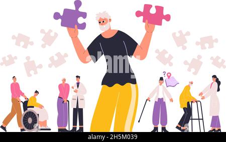 Alzheimer, Demenz Hirnerkrankung Symptome Konzept. Leitender Patient mit Gedächtnisverlust und Desorientierungssymptomen, Vektor-Flachdarstellung. Demenz Stock Vektor