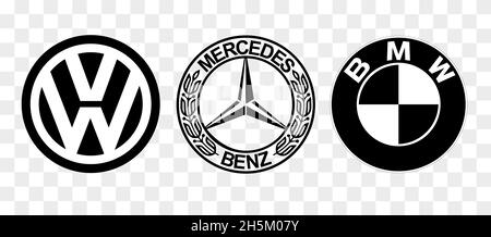 Vinnitsa, UKRAINE - 12. DEZEMBER 2020: Logos beliebte deutsche Automobilmarken: Mercedes, audi, BMW und Volkswagen Stockfoto