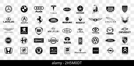 Kiew, UKRAINE - 9. November 2021: Logos Sammlung von verschiedenen Marken von Autos, auf transparent Stockfoto