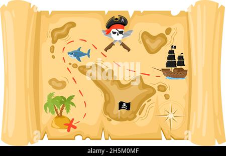 Cartoon Piraten Schatzkarte, alte alte Papyrus-Rolle. Papyrus Pergament alten Piraten Abenteuer Schatz Karte Vektor Illustration. Antiker Papyrus Stock Vektor