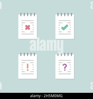 Set: Notizbücher mit Häkchen-Symbolen. Vektorgrafik, flaches Design Stock Vektor