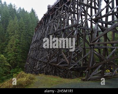 Blick auf die beeindruckende restaurierte Eisenbahnbrücke Kinsol Trestle aus Holz auf Vancouver Island, British Columbia, Kanada über den Koksilah River. Stockfoto