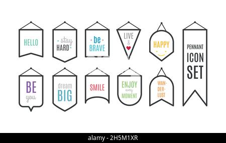 Pennant Icon Set mit motivierenden Zitaten. Vektorgrafik, flaches Design Stock Vektor