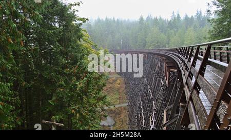 Mystischer Blick auf die restaurierte hölzerne Eisenbahnbrücke Kinsol Trestle, die den Koksilah River überspannt, auf Vancouver Island, British Columbia, Kanada. Stockfoto