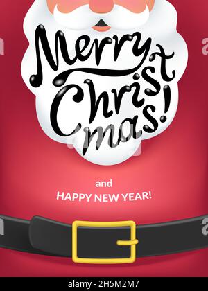 Fröhliche Weihnachten handgefertigte Schriftzug auf dem Weihnachtsmann weißen Bart und roten Anzug Stock Vektor