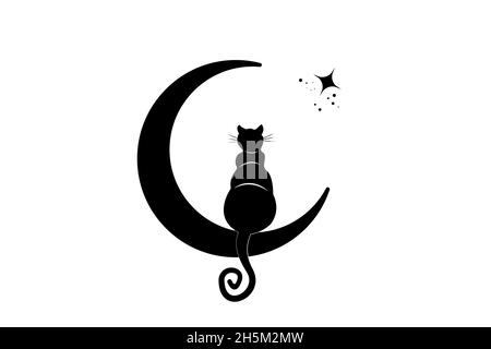 Schwarze Katze auf dem Halbmond sitzend, schaue auf die Sterne. Logo Wicca Symbol, Boho Stil, Tattoo-Symbol. Vektorgrafik isoliert auf Weiß Stock Vektor