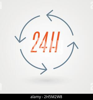 Symbol „24 Stunden“. Konzept von 24/7, 24 Stunden geöffnet, Kundendienst, Notfall, rund um die Uhr geöffnet, Call Center, täglich geöffnet. Vektorgrafik, Stock Vektor