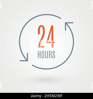 Symbol „24 Stunden“. Konzept von 24/7, 24 Stunden geöffnet, Kundendienst, Notfall, rund um die Uhr geöffnet, Call Center, täglich geöffnet. Vektorgrafik, Stock Vektor