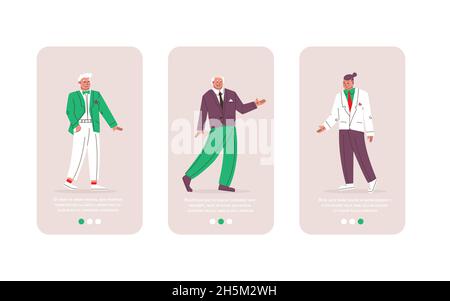 Set von Bildschirmen für mobile Anwendungen. Herren in Anzügen mit Krawatte oder Fliege. Ein junger und alter Mann in eleganter Kleidung. Hochzeit oder festliche Themen. Vektor Stock Vektor