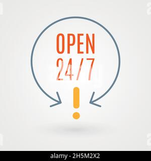 Symbol „24 Stunden“. Konzept von 24/7, 24 Stunden geöffnet, Kundendienst, Notfall, rund um die Uhr geöffnet, Call Center, täglich geöffnet. Vektorgrafik, Stock Vektor