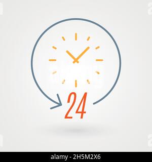 Symbol „24 Stunden“. Konzept von 24/7, 24 Stunden geöffnet, Kundendienst, Notfall, rund um die Uhr geöffnet, Call Center, täglich geöffnet. Vektorgrafik, Stock Vektor