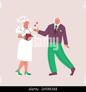 Die Hochzeit eines älteren Mannes und einer älteren Frau. Braut und Bräutigam in einem Anzug und hält Blumen, Hochzeitstag. Niedliche Vektor isoliert Illustration. Stock Vektor